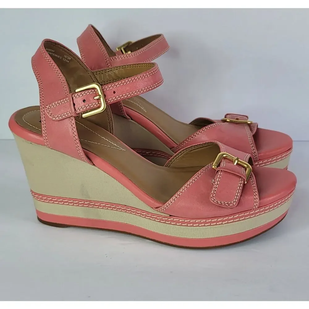 CLARKS Coral-Pink Zia Wedges Sandals with Gold Tone Buckle Women's Size 9M